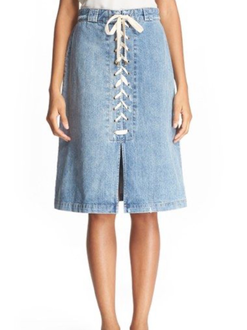 Sea New York Light Blue Lace-Up Denim Midi Front Slit Skirt Small
